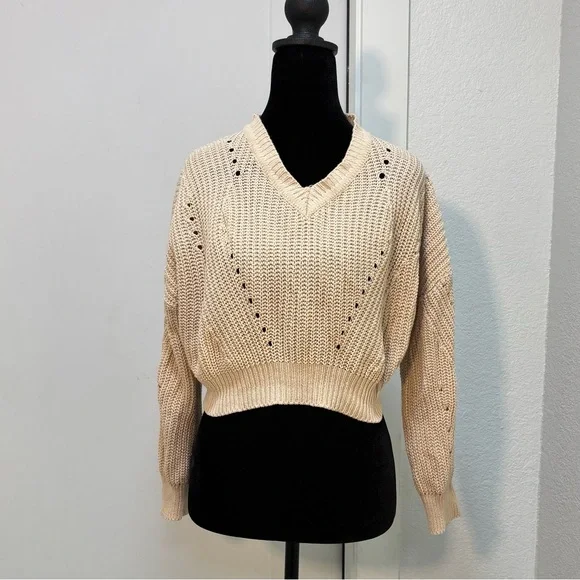 Jon & Anna Cream Pointelle Knit Cropped Sweater - Size M - Boho Coastal Academia - Picture 2 of 15